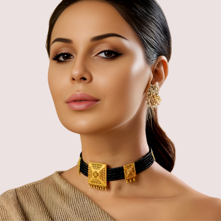 Handmade Brass Alloy Black Beaded Square Pendant Choker